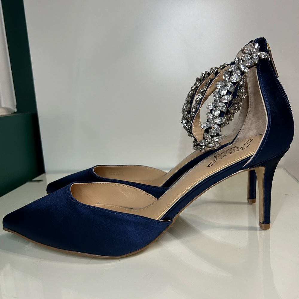Badgley Mischka Raleigh Pointed Toe Pumps Blue Satin - Picture 3 of 11